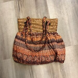 Bohemian Woven Straw and Patterned Tote Bag
